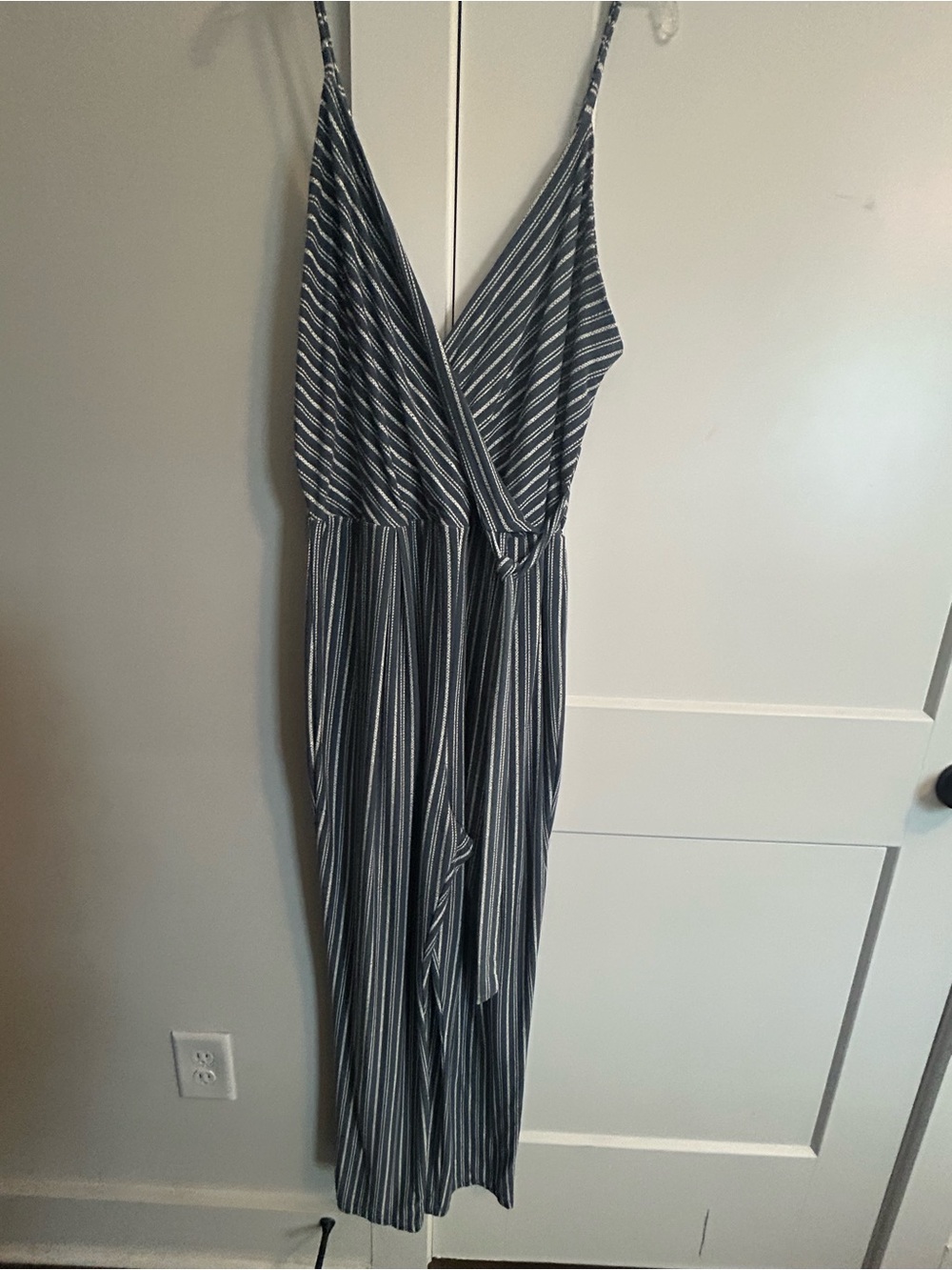 Derek Heart Navy and White Striped Wrap Jumpsuit